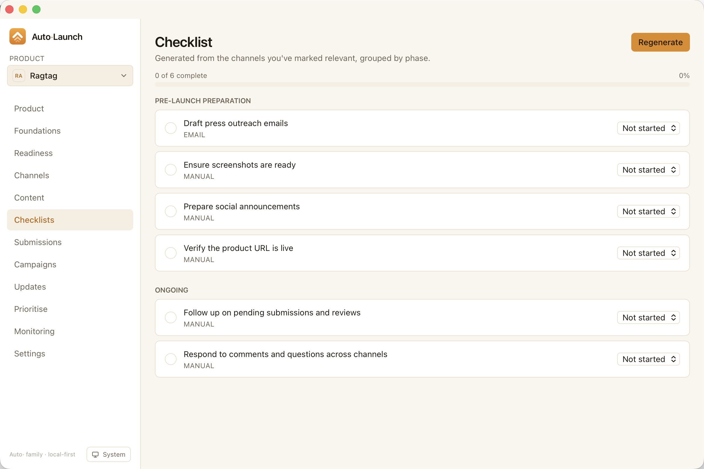 Auto·Launch checklist view: items grouped into pre-launch and ongoing phases with status selectors and a completion percentage