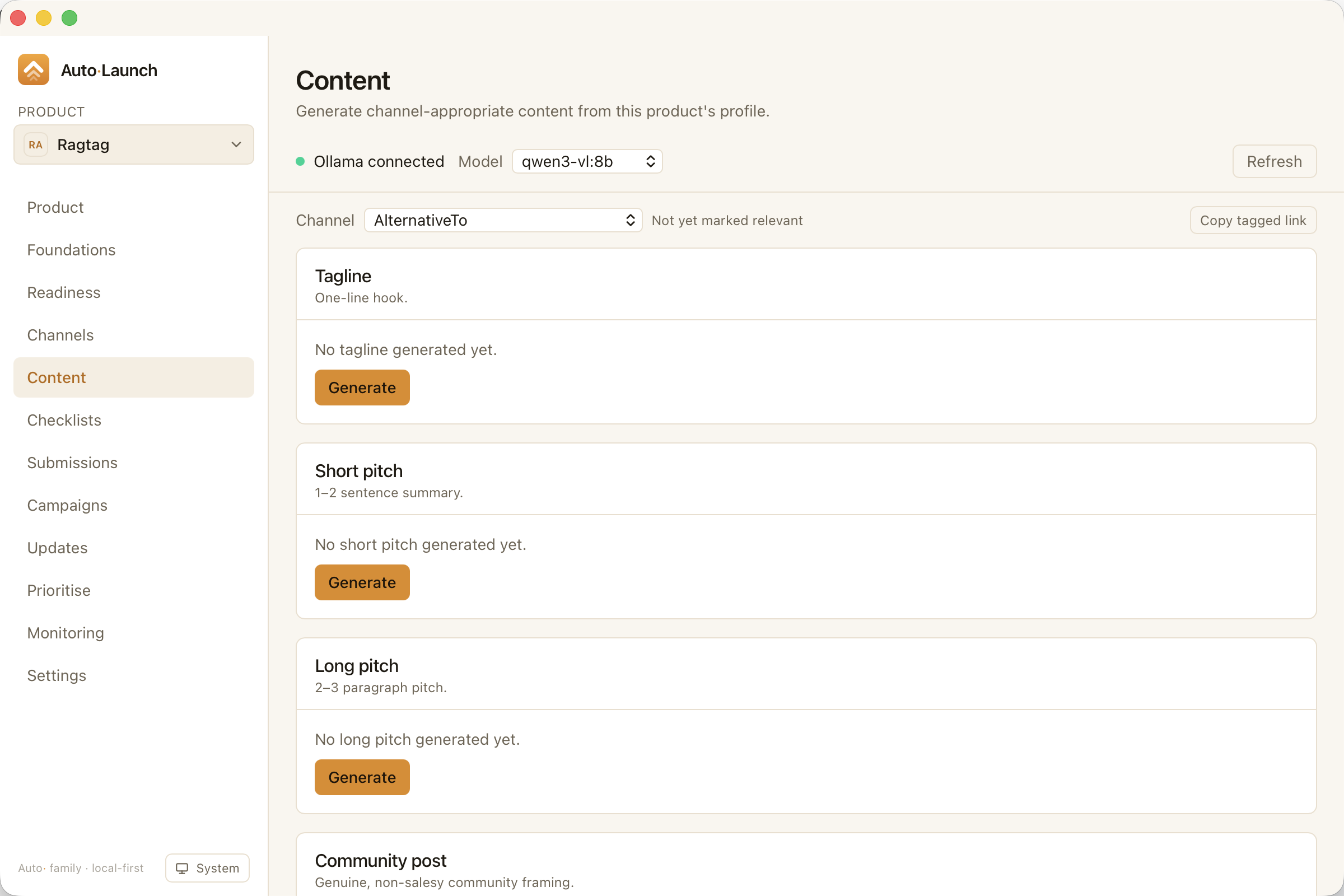 Auto·Launch content view: Ollama connected, generating a tagline, short pitch and long pitch for a chosen channel